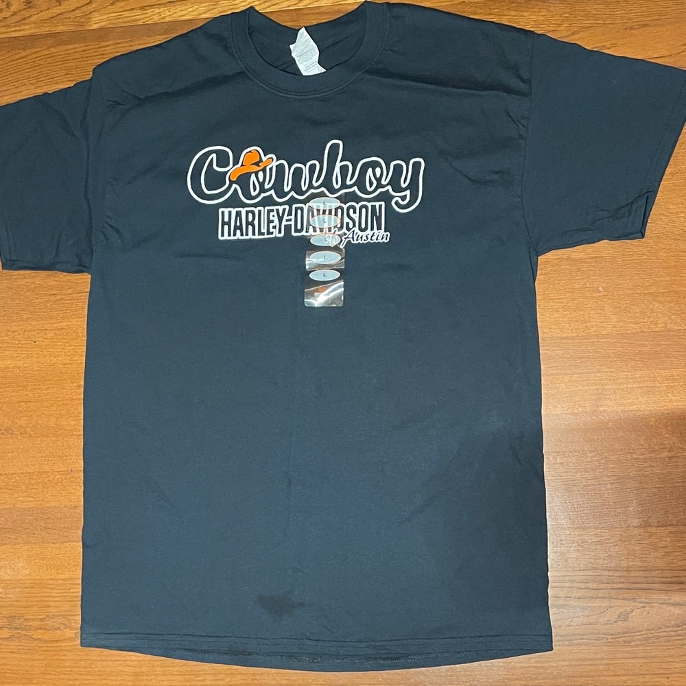 Harley-Davidson Austin Texas Black T with Orange and White double sided graphic